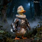 A posh, confused stopmotion duck knight in tattered armor and ruffed feathers, w.jpeg